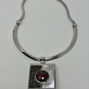 Reversible Henri Bendel  Silver Square Pendant Statement Necklace Snake Chain